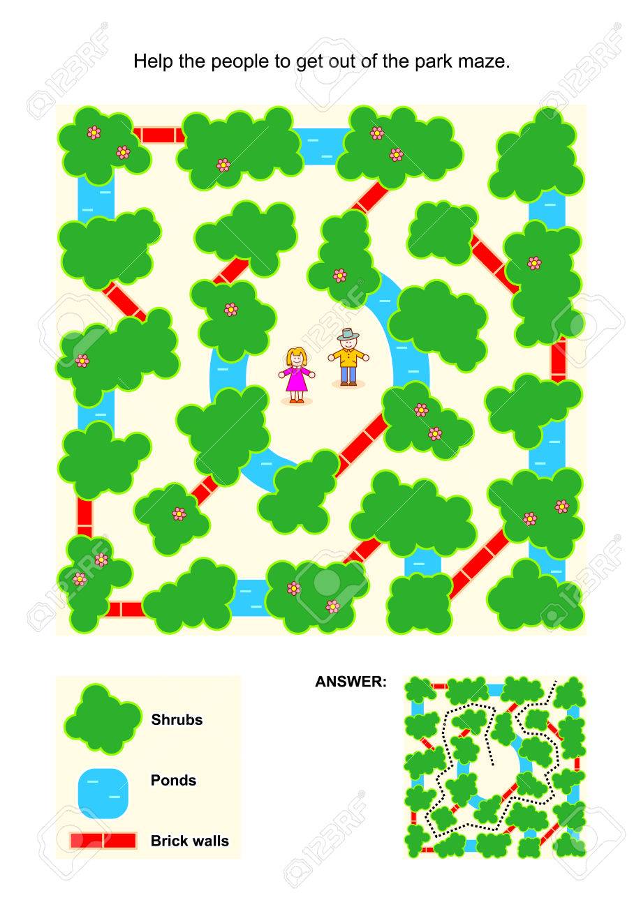 Maze game for children: Help the people to get out of the park maze. Avoid shrubs, ponds and brick walls. Answer included. - 41076947 Maze game for children: Help the people to get out of the park maze. Avoid shrubs, ponds and brick walls. Answer included. - 41076947