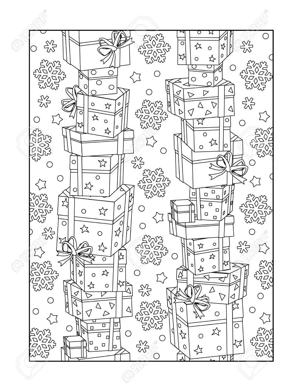Coloriage Motif pour adultes enfants ok trop de bo tes empilées de cadeaux et de flocons