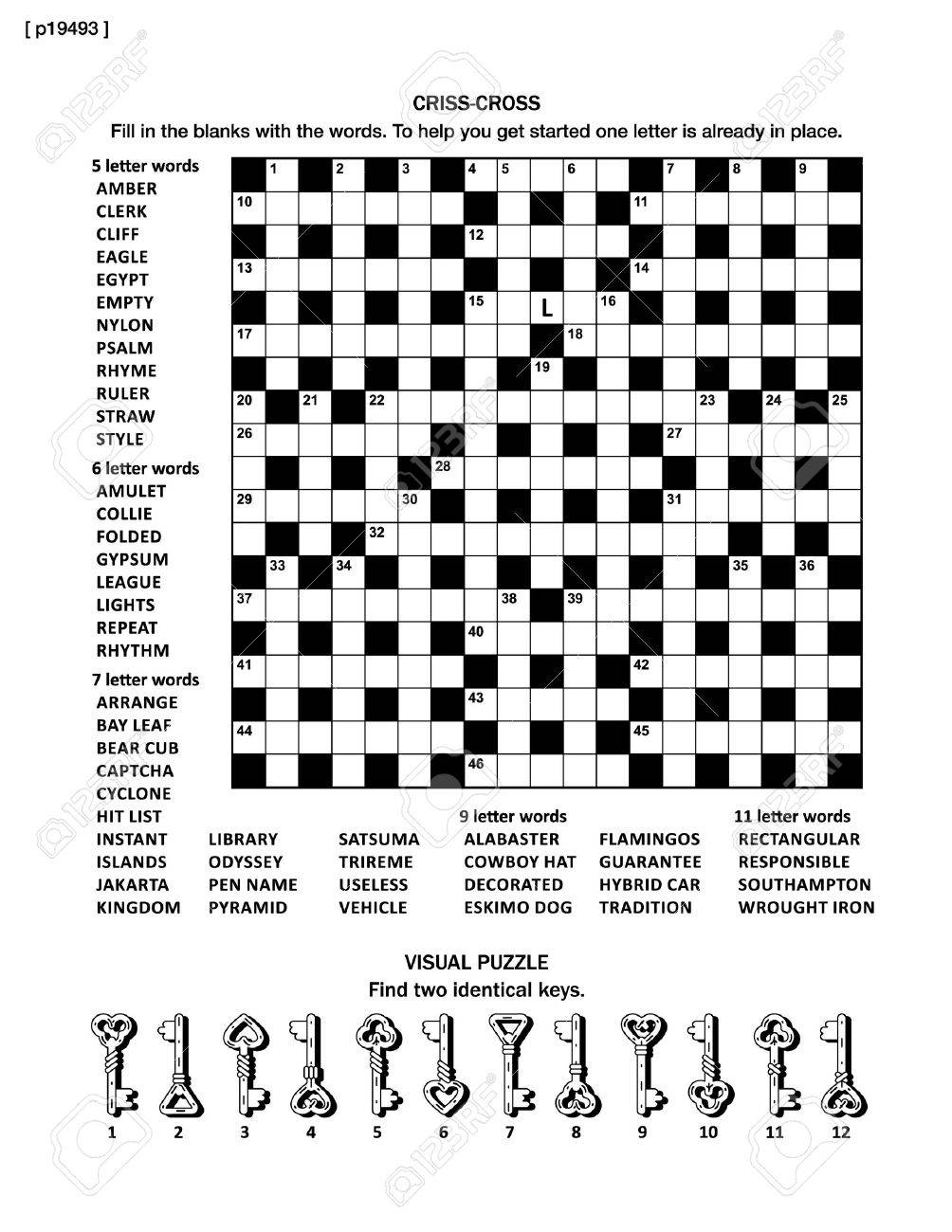 Page Puzzle Avec Deux Enigmes Grand 19x19 Jeu Entrecroise Mot Langue Anglaise Et Un Petit Casse Tete Visuel Avec Des Fleches Fantaisistes Noir Et Blanc A4 Ou Format Lettre Clip Art Libres De