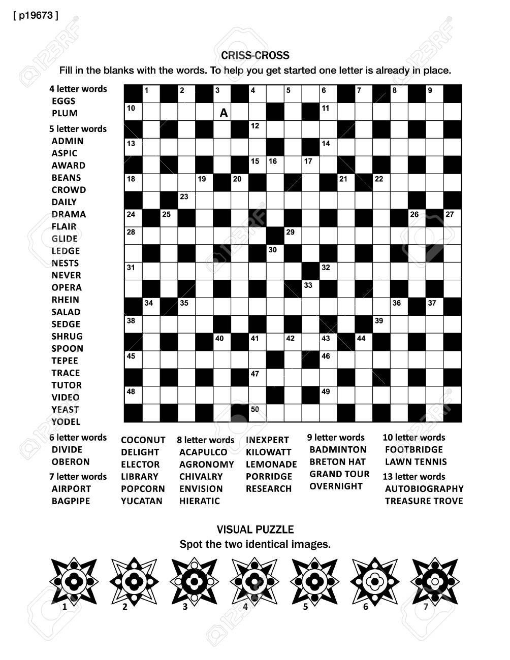 Puzzle Page Avec Deux Puzzles 19x19 Jeu De Mots Entrecroisés Langue Anglaise Et Puzzle Visuel Avec Des Formes Fantaisistes Noir Et Blanc Format