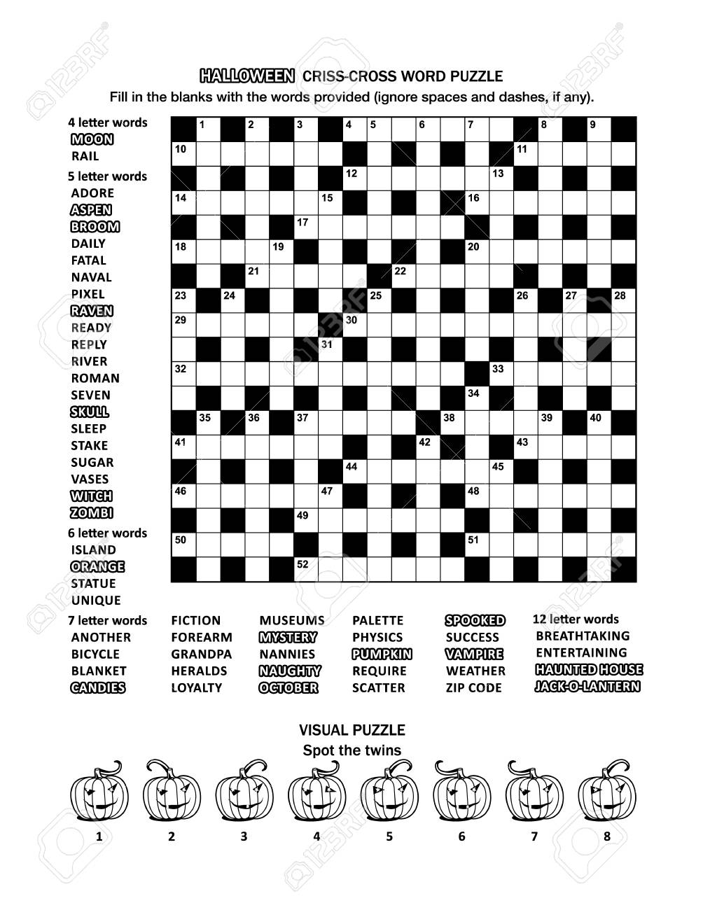 19 X 19 十字単語ゲーム 英語 と気まぐれなカボチャとビジュアル パズル ハロウィン パズルをテーマにしたページ 黒と白 またはレター サイズします のイラスト素材 ベクタ Image