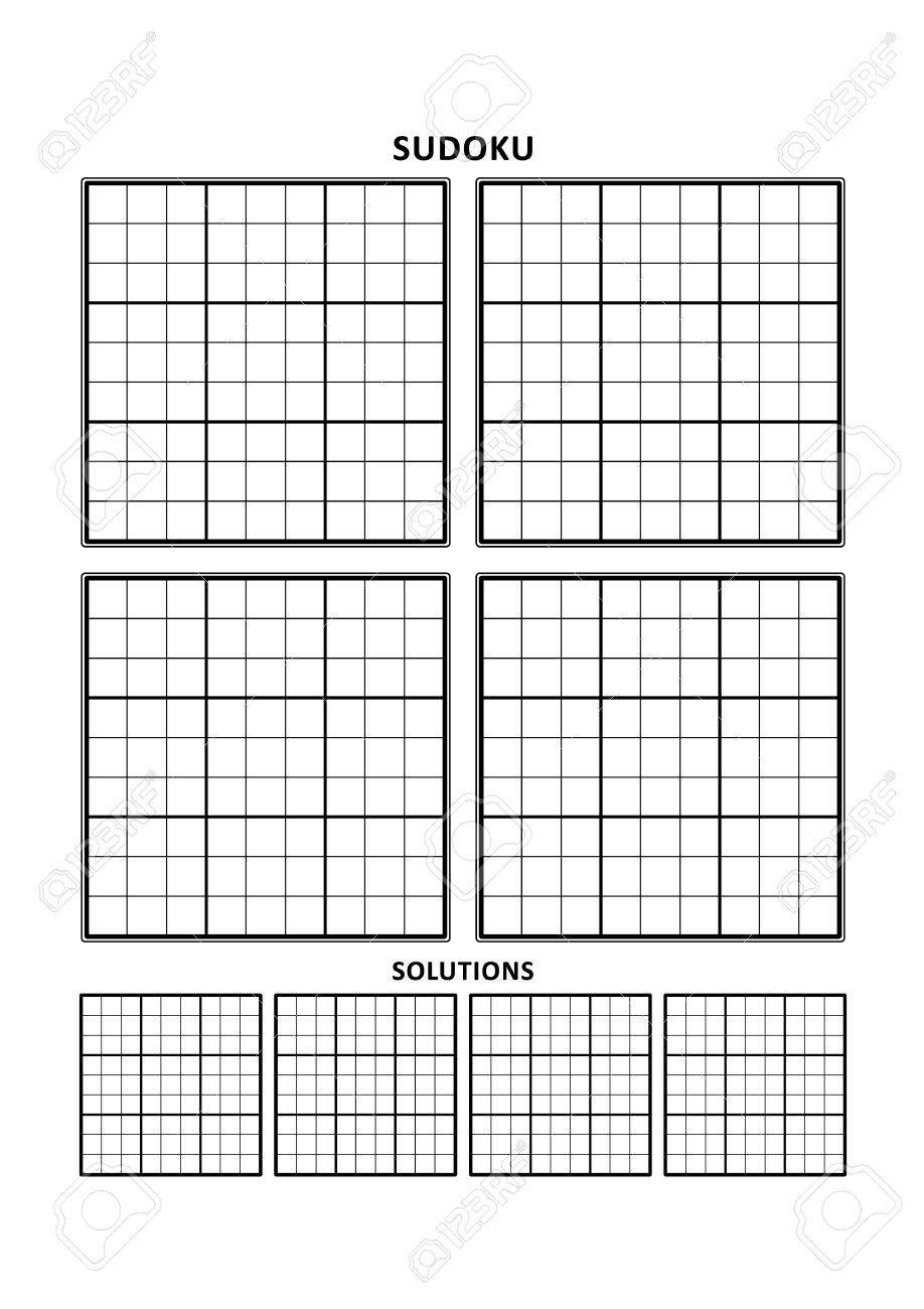 sudoku puzzle blank template four grids with solution grids on a4 or letter sized page with margins suitable for large print books just add your numbers and answers royalty free cliparts vectors