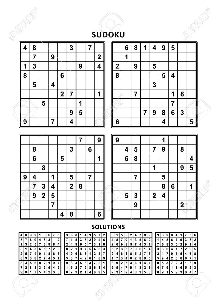 four sudoku puzzles of comfortable easy yet not very easy level on a4 or letter sized page with margins suitable for large print books answers included set 5 royalty free cliparts vectors