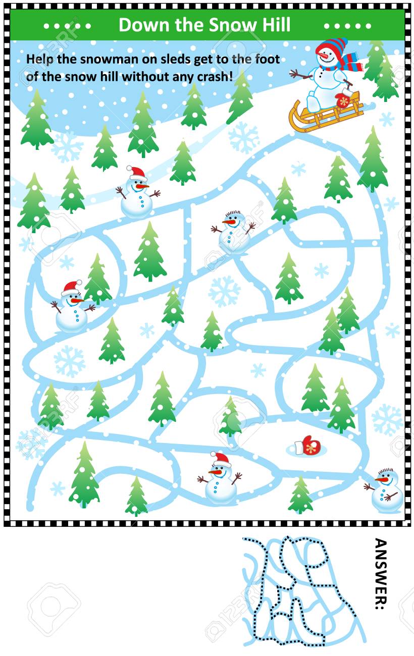 冬の迷路ゲーム にそり遊び雪だるまは クラッシュすることがなく雪の丘のふもとに着く 答えが含まれています のイラスト素材 ベクタ Image