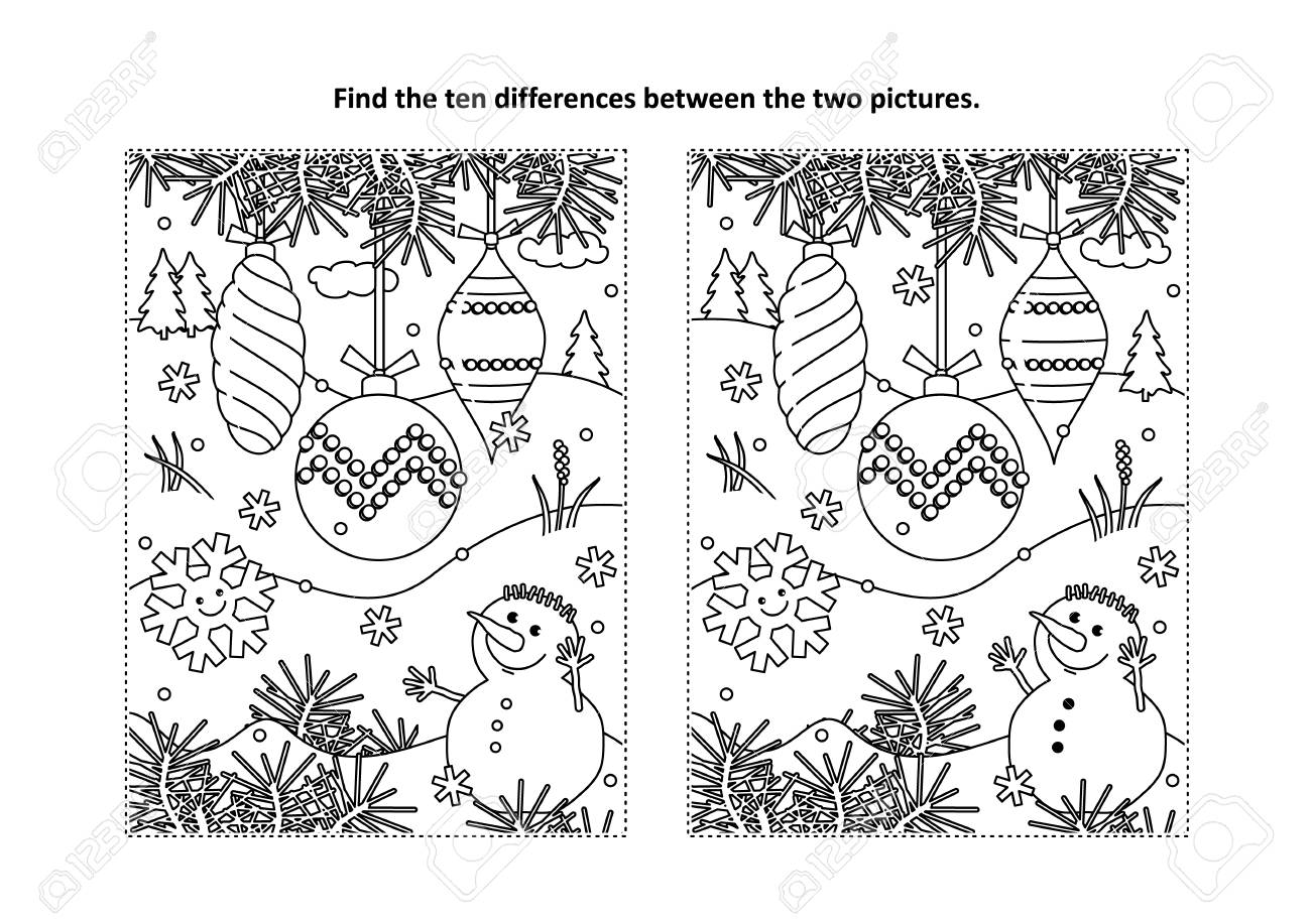 winter-holidays-new-year-or-christmas-themed-find-the-ten-differences-picture-puzzle-and-coloring-page-with-christmas-tree-ornaments-and-snowman-royalty-free-svg-cliparts-vectors-and-stock-illustration-image-90964053