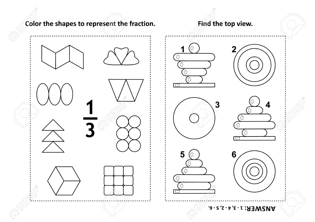 2つの視覚的な数学のパズルと着色ページ 図形に色を付け 分数を表します 上部ビューを検索します のイラスト素材 ベクタ Image