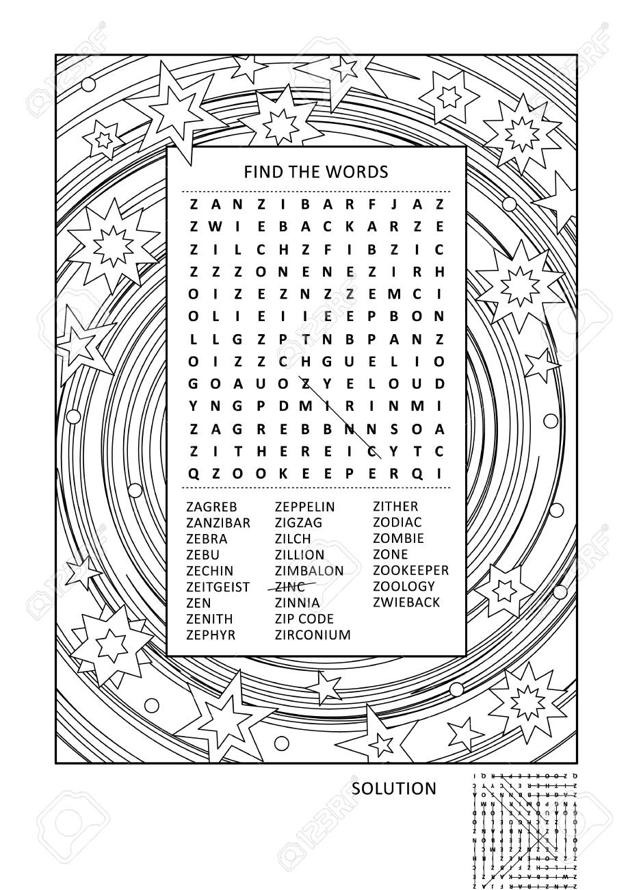Página De Atividade De Quebra-cabeças E Colorir Para Adultos Com Jogo De Palavras (Inglês) E Uma Moldura Decorativa Ampla Para Colorir. Familiar Amigável. Resposta Incluída. Ilustraciones svg, vectoriales, clip art vectorizado libre