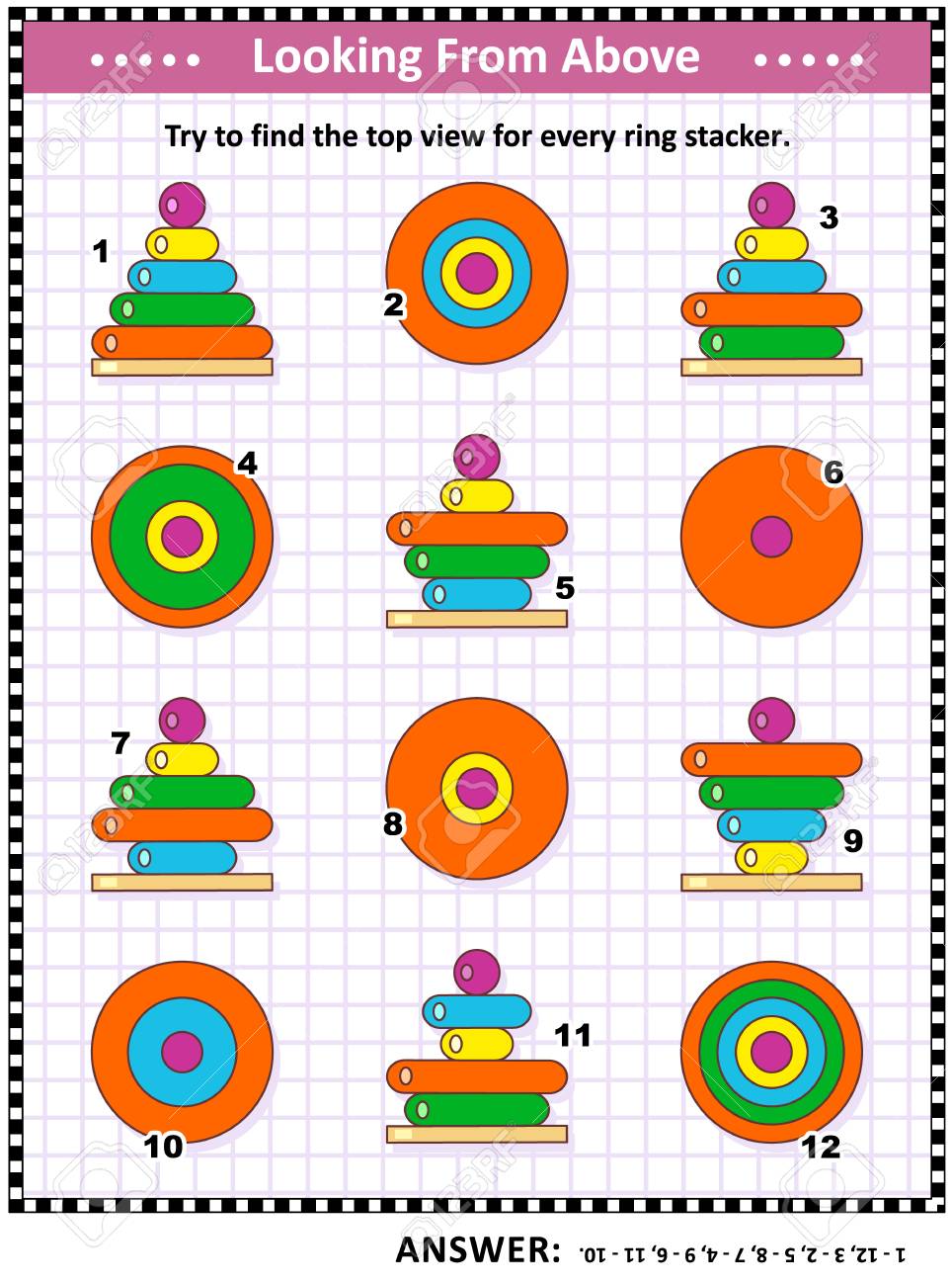 カラフルなリングスタッキングおもちゃで数学の視覚的なパズルや絵の謎 木製のリングのすべてのおもちゃの塔のためのトップビューを見つけます 回答が含まれています のイラスト素材 ベクタ Image