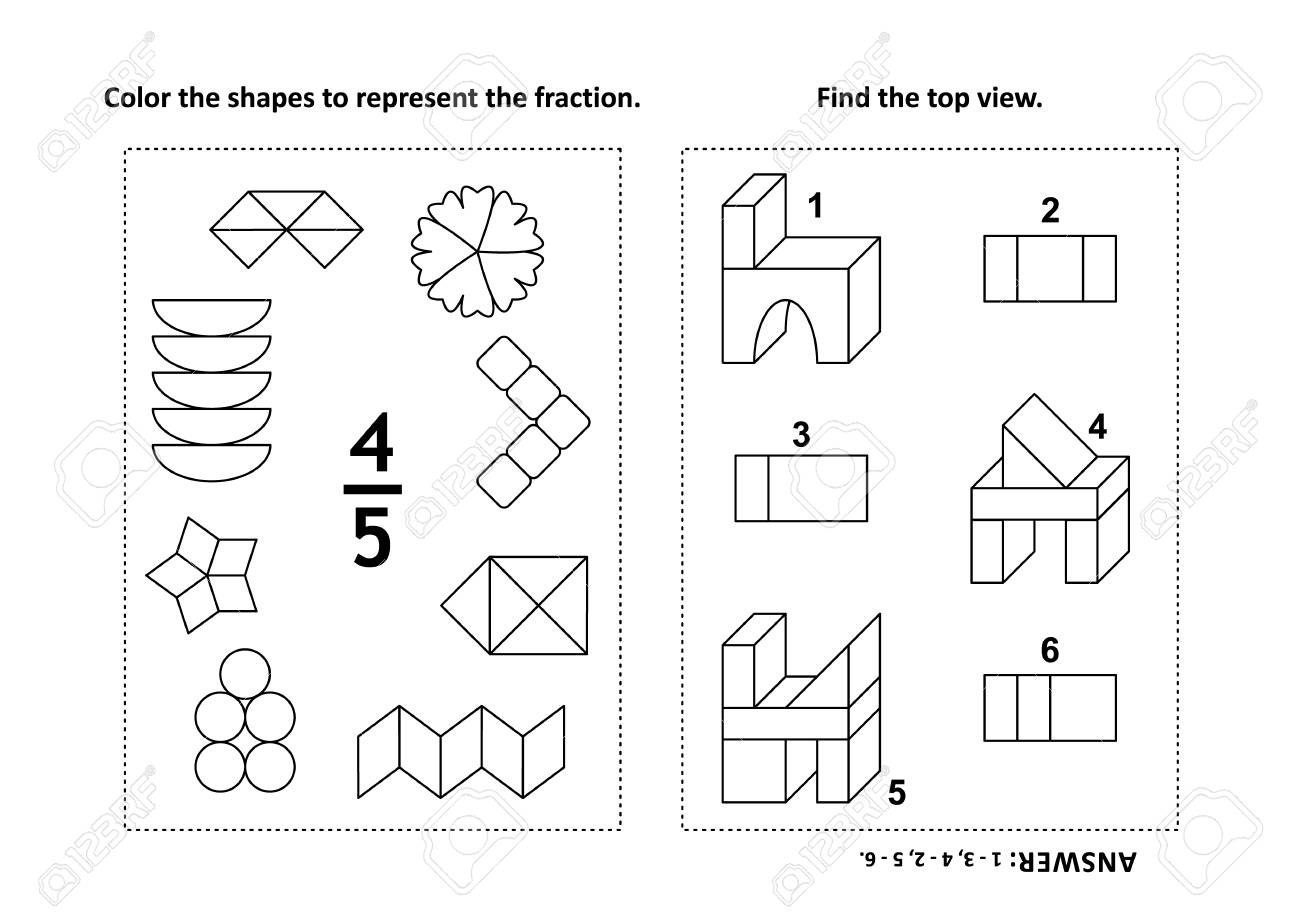 2つの視覚的な数学のパズルと着色ページ 分数を表す図形に色を付ける トップ ビューを見つけます 黒と白 回答が含まれています のイラスト素材 ベクタ Image