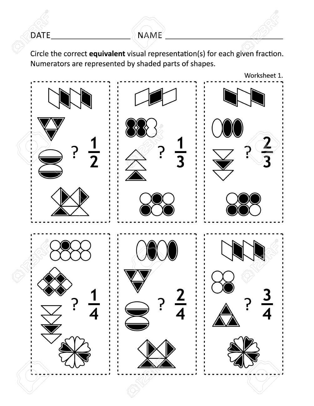 Math Worksheet For Students Of All Ages. Learn Or Reinforce Fractions Math Skills For Children And Adults. Equivalent Fractions. Visual Or Pictorial Fraction Representations. No-prep Printable For Teachers. Royalty Free SVG, Cliparts, math-worksheet-for-students-of-all-ages-learn-or-reinforce-fractions-math-skills-for-children-and-adults-equivalent-fractions-visual-or-pictorial-fraction-representations-no-prep-printable-for-teachers-royalty-free-svg-cliparts