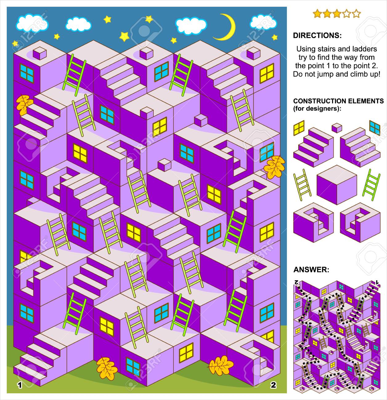 秋の夜やハロウィーンをテーマにした3d迷路ゲーム 階段とはしごを使用して ポイント1からポイント2への道を見つけようとします ジャンプや登りはしないでください 回答が含まれています のイラスト素材 ベクタ Image