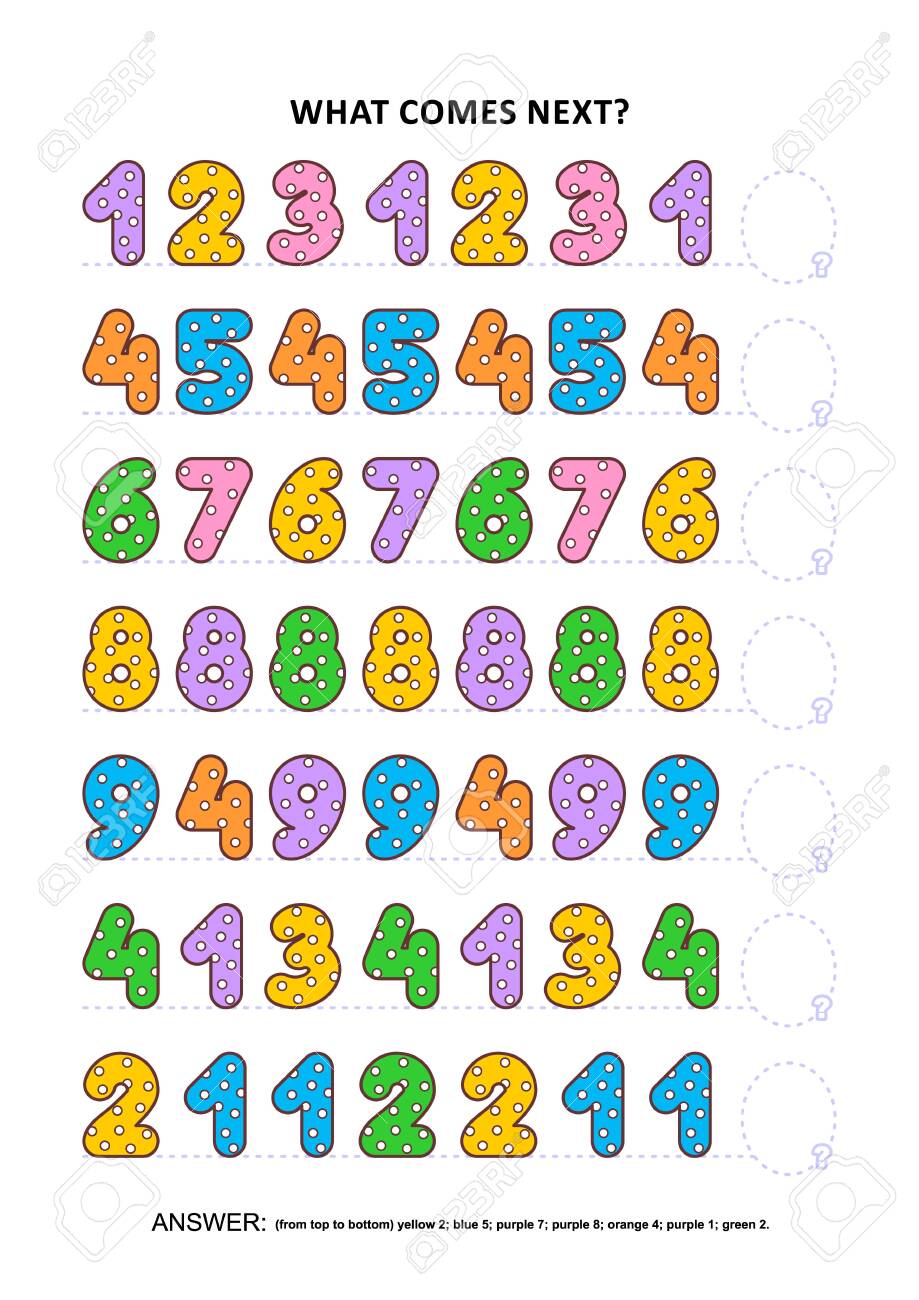 Basic skills practice logic game with colorful polka-dot numbers. Training sequential pattern recognition skills: What comes next in the sequence? Answer included. - 131421461 Basic skills practice logic game with colorful polka-dot numbers. Training sequential pattern recognition skills: What comes next in the sequence? Answer included. - 131421461