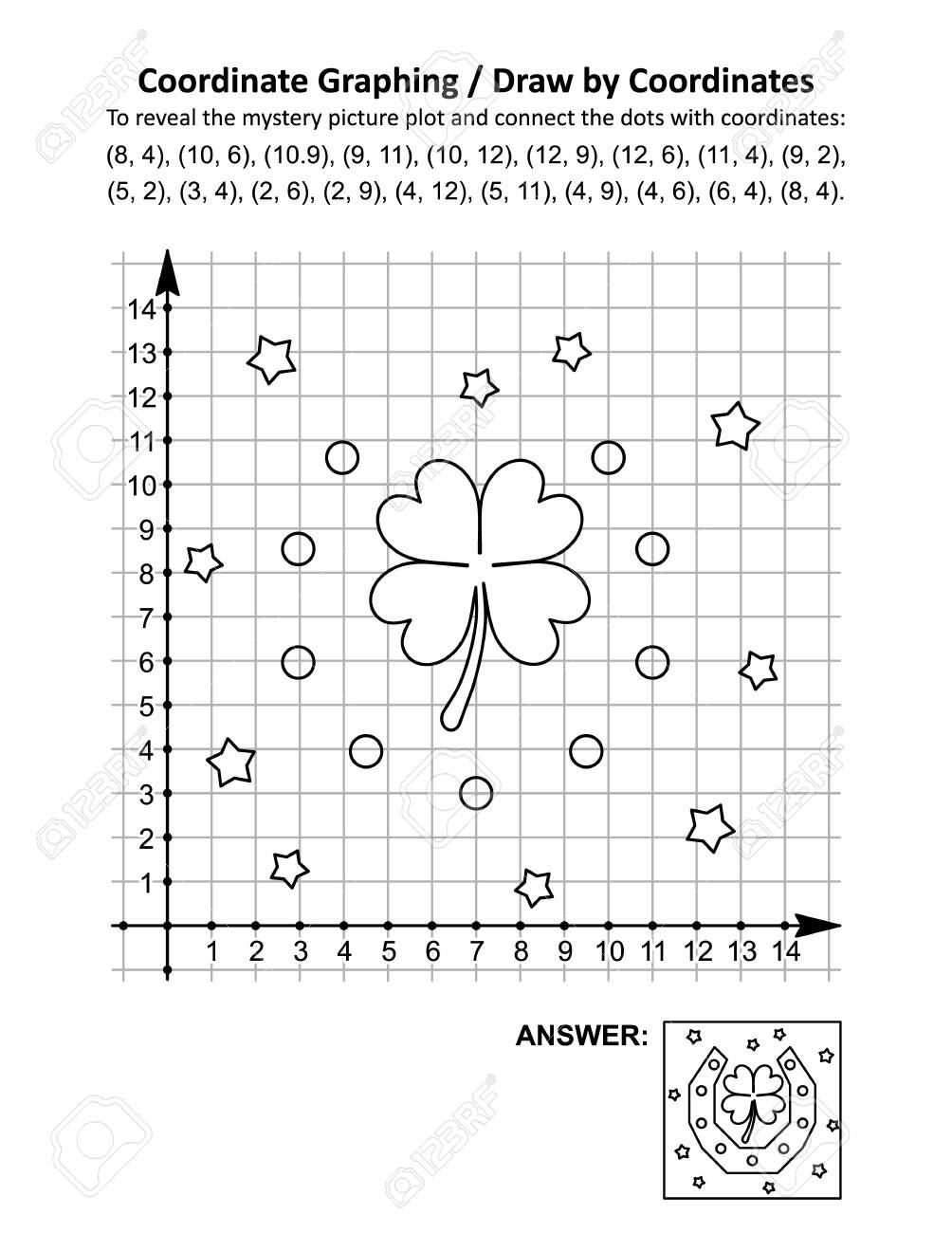 coordinate-graphing-or-draw-by-coordinates-math-worksheet-with-st-patrick-s-day-mystery-picture-of-horseshoe-and-clover-quatrefoil-leaf-symbols-of-luck-answer-included-royalty-free-svg-cliparts-vectors-and-stock
