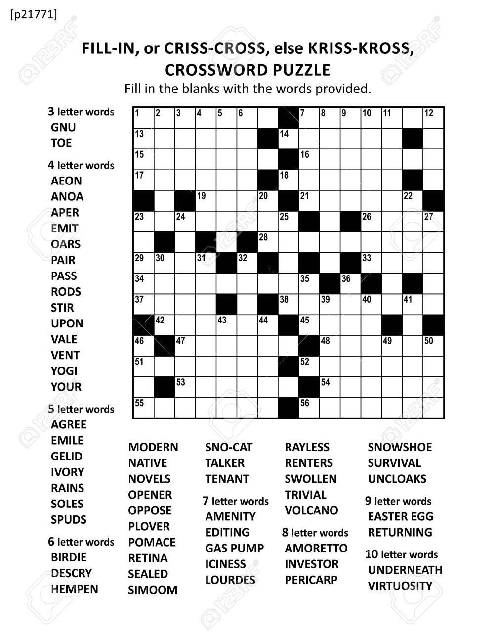 큰 활자 크리스 코스 또는 15x15 미국식 그리드 비테마 일반 지식 가족 친화적 콘텐츠의 크리스 크로스 크로스워드 퍼즐 게임을  채우세요. 로열티 무료 사진, 그림, 이미지 그리고 스톡포토그래피. Image 158146387