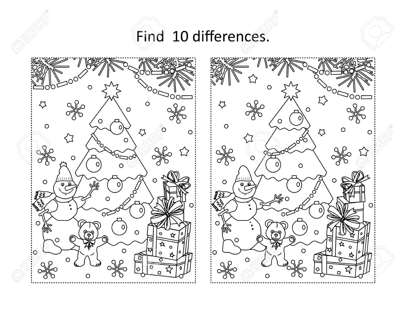 Winter holidays, New Year or Christmas themed find the ten differences picture puzzle and coloring page with christmas tree, tedyy bear, snowman, gift boxes - 158352112 Winter holidays, New Year or Christmas themed find the ten differences picture puzzle and coloring page with christmas tree, tedyy bear, snowman, gift boxes - 158352112