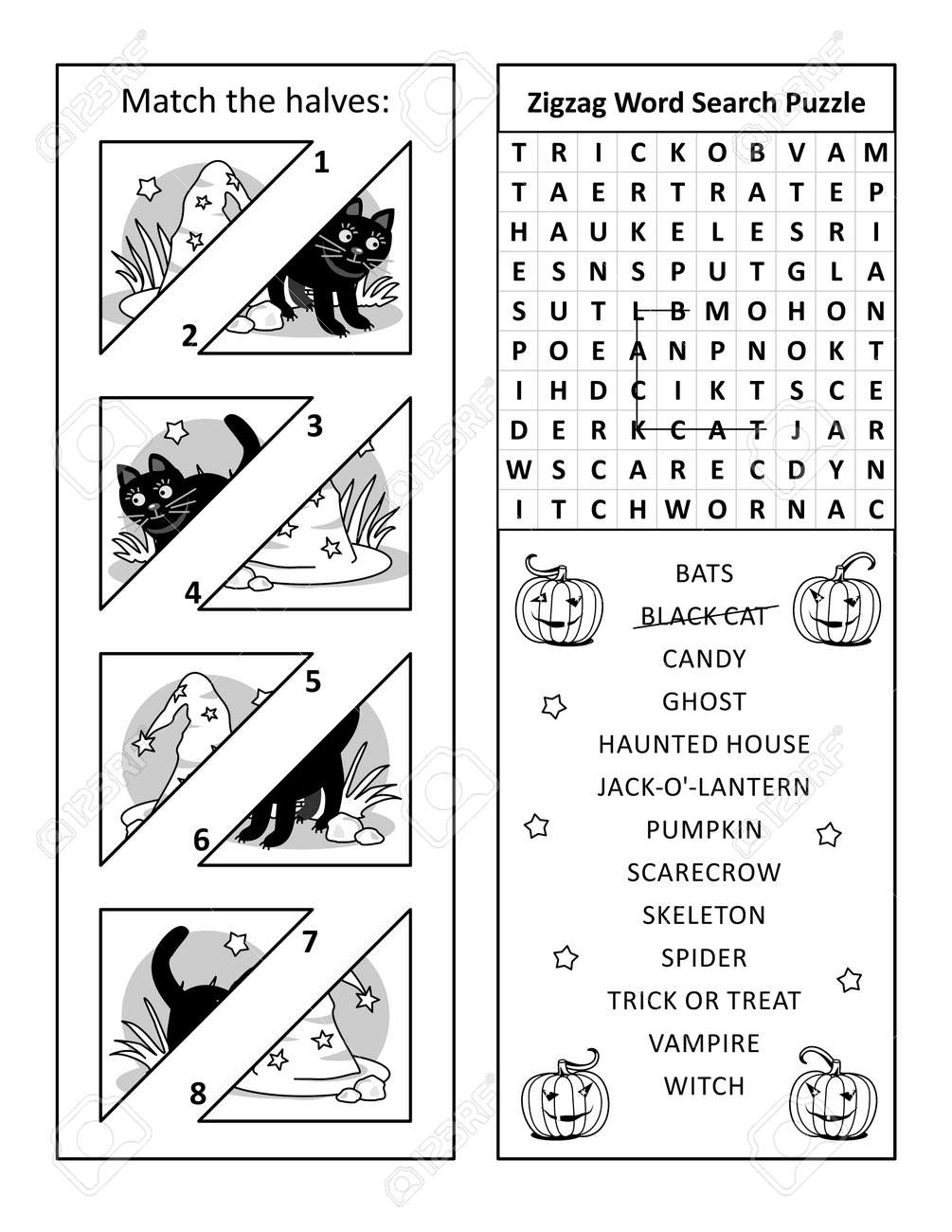halloween puzzle page with 2 puzzles match the halves witcha s hat and black cat visual puzzle and zigzag word search puzzle or word game black and white letter sized royalty free svg cliparts vectors