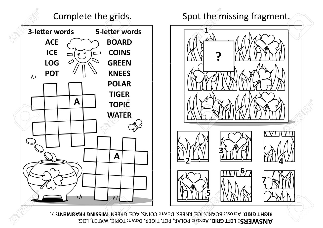 activity-page-with-two-puzzles-fill-in-crossword-puzzle-spot-the-missing-fragment-st-patrick-s-day-holiday-motives-black-and-white-answers-included-royalty-free-svg-cliparts-vectors-and-stock-illustration-image-199913343