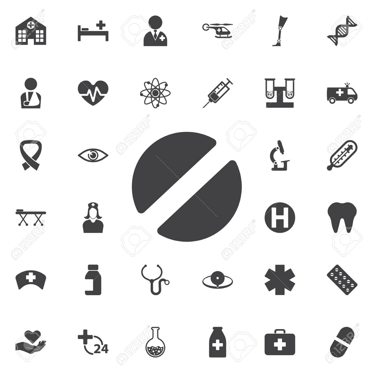 医療薬アイコン コレクション関連サービス 保健医療 薬局事業 ドラッグ ストア 科学 ベクトルのスタイル フラット グレーの記号 丸みを帯びた角 ホワイト バック グラウンド のイラスト素材 ベクタ Image