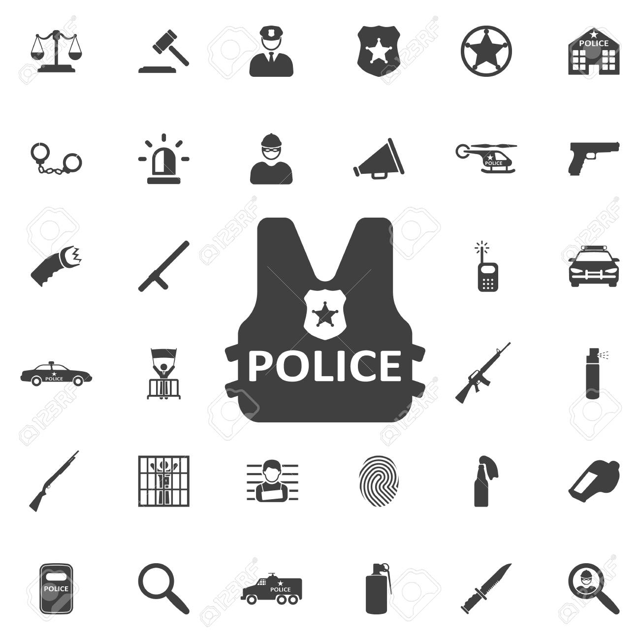 Bullet proof vest body armor suit icon. Police set of icons