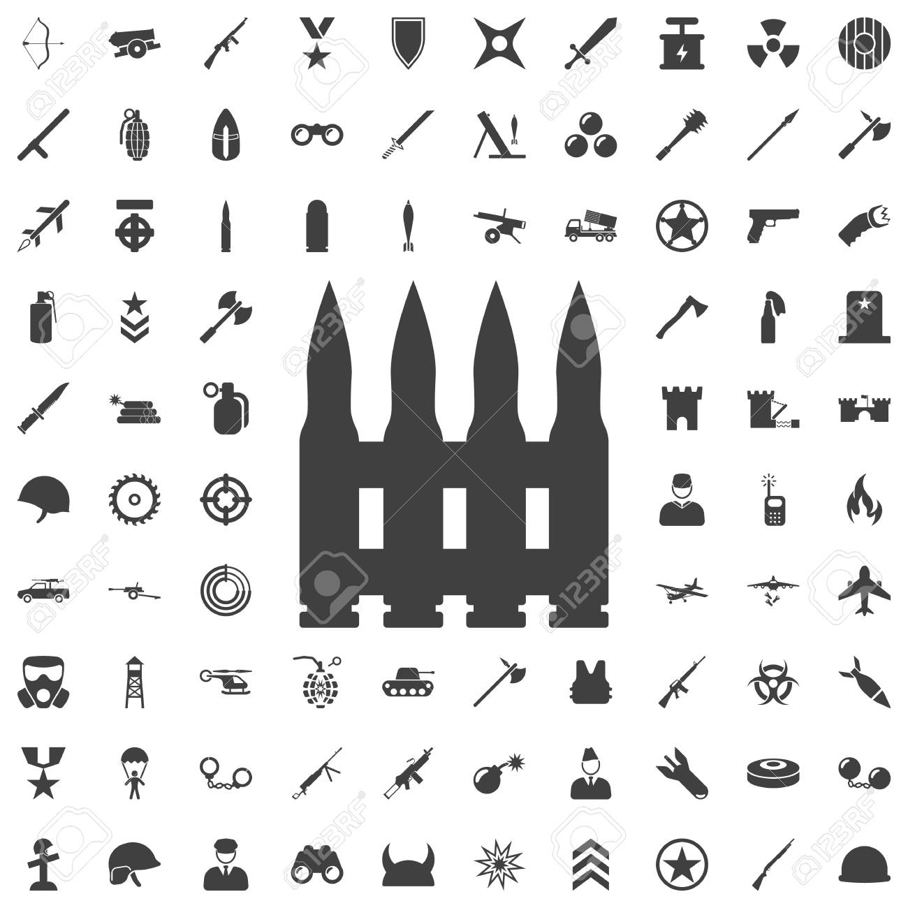 銃や自動小銃弾丸ベルト 武器アイコンのセットのイラスト素材 ベクタ Image