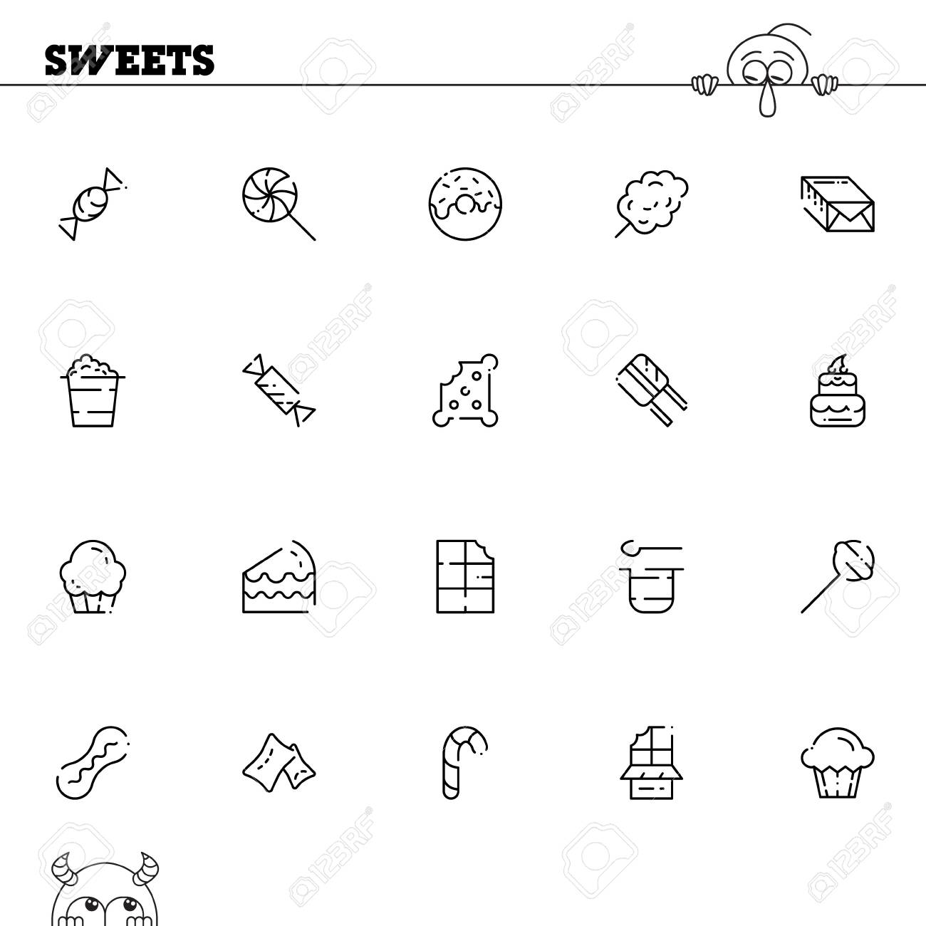 お菓子フラット アイコン セット Web デザイン モバイル アプリ ベクトル細い線ベクトル アイコン またはロゴのチョコレート プリン ケーキ キャンディ クッキーなどのお菓子食品の高品質アウトライン シンボルのコレクションです のイラスト素材 ベクタ Image