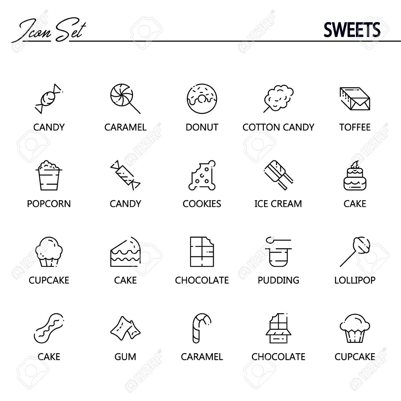お菓子フラット アイコン セット Web デザイン モバイル アプリ ベクトル細い線ベクトル アイコン またはロゴのチョコレート プリン ケーキ キャンディ クッキーなどのお菓子食品の高品質アウトライン シンボルのコレクションです のイラスト素材 ベクタ Image