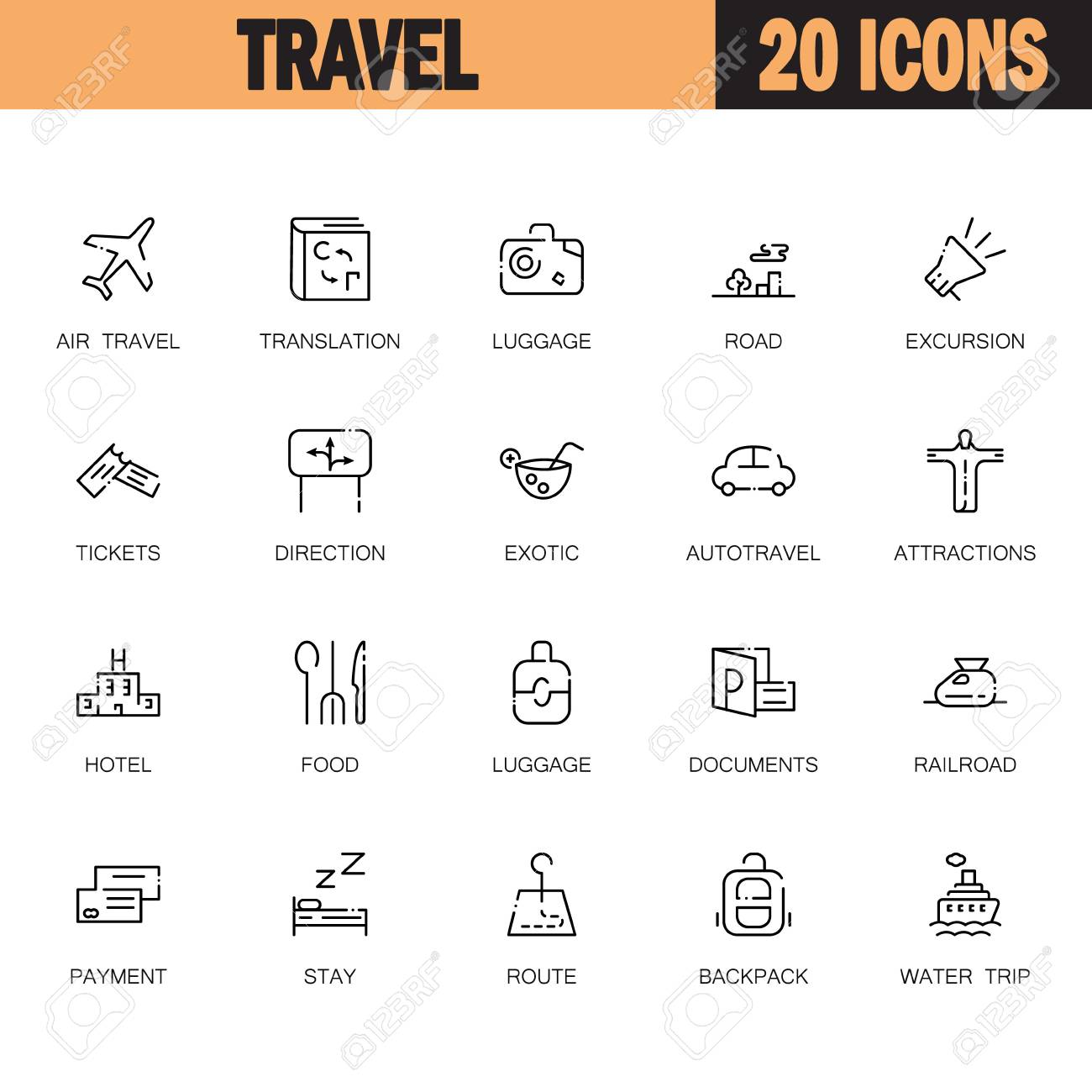 Conjunto De Iconos De Viaje Plana Colección De Símbolos De Turismo De Alta Calidad Para El Diseño Web Aplicaciones Para Móviles Vector Línea Delgada Iconos O Logotipo De Equipaje Documento Dirección Barco