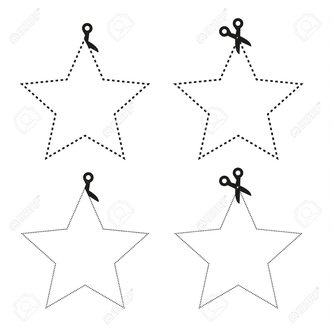 Ensemble De Ciseaux Isolés Coupant Le Papier La Forme De Létoile à 5 Branches Avec Des Lignes Différentes