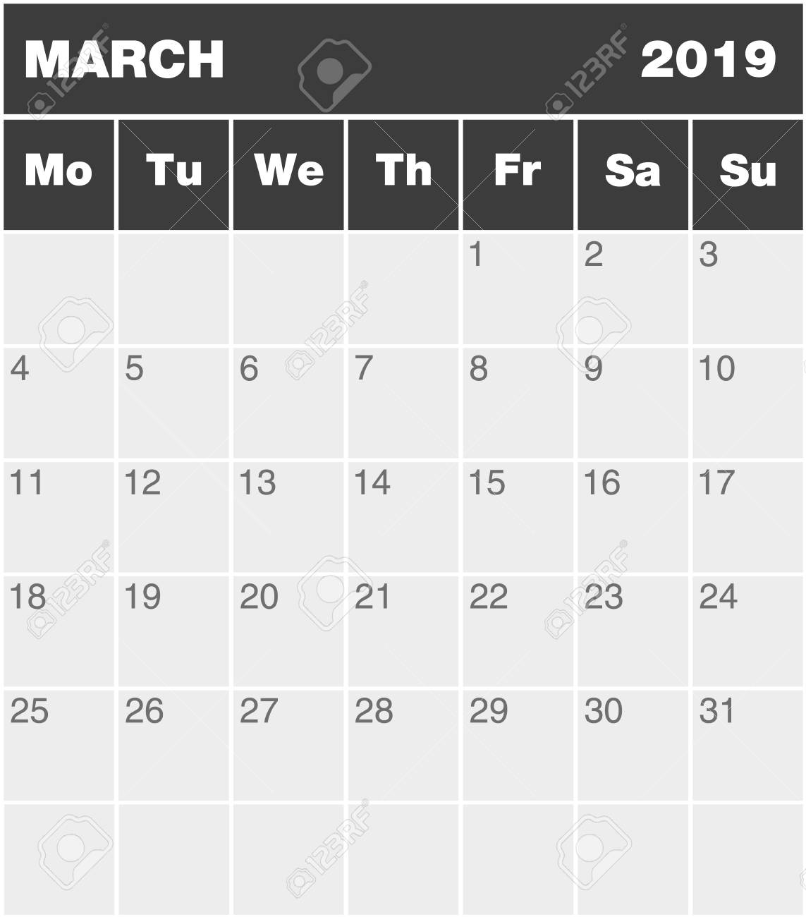 classic month planning calendar in english for march 2019 monday monday through sunday calendar 2019