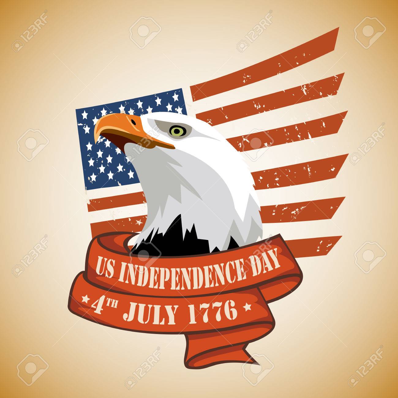 1776 年 7 月 4 日の米国独立記念日 背景には米国の旗 様式化された星の鷲の頭 のイラスト素材 ベクタ Image