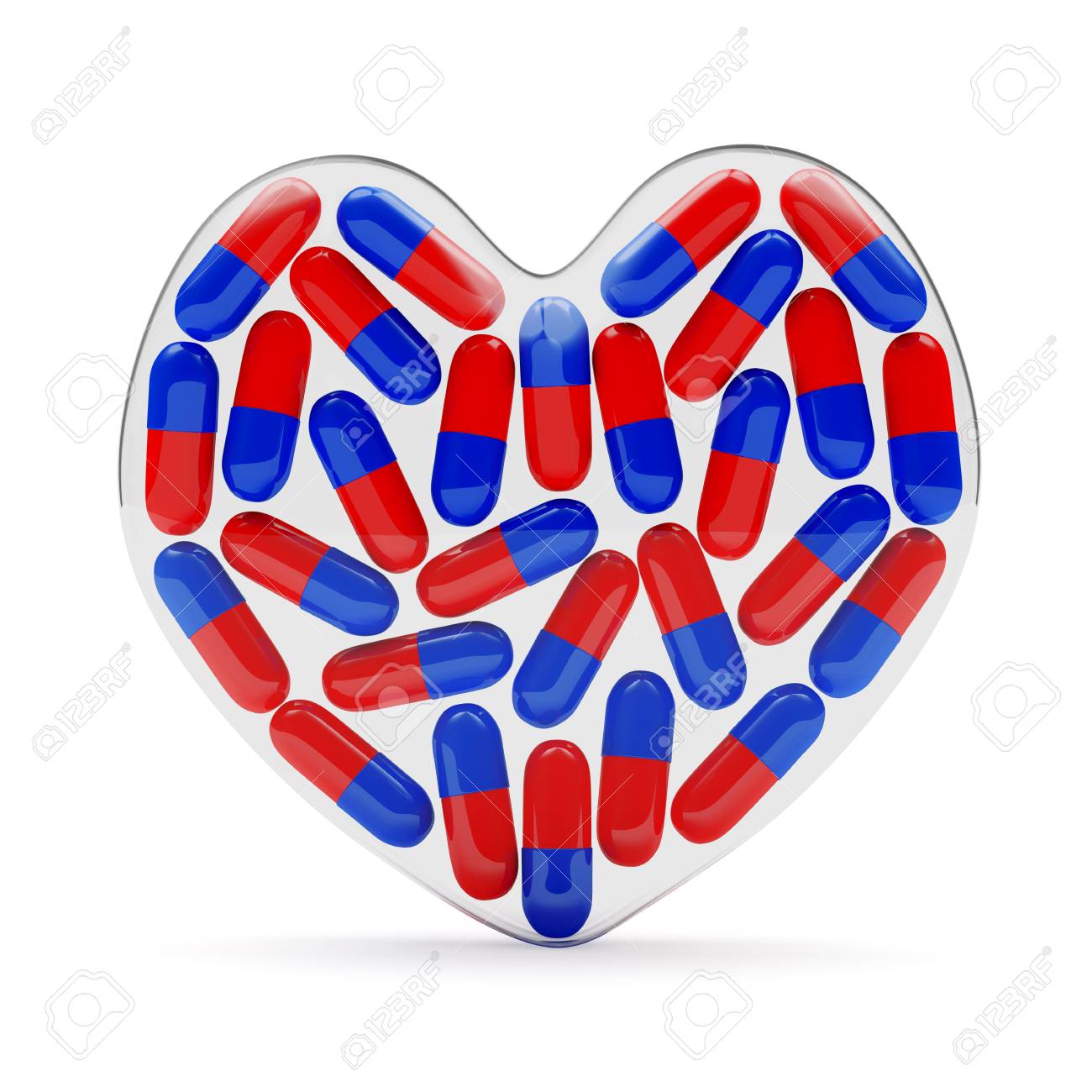 fragile glass heart full of pills isolated on white background stock