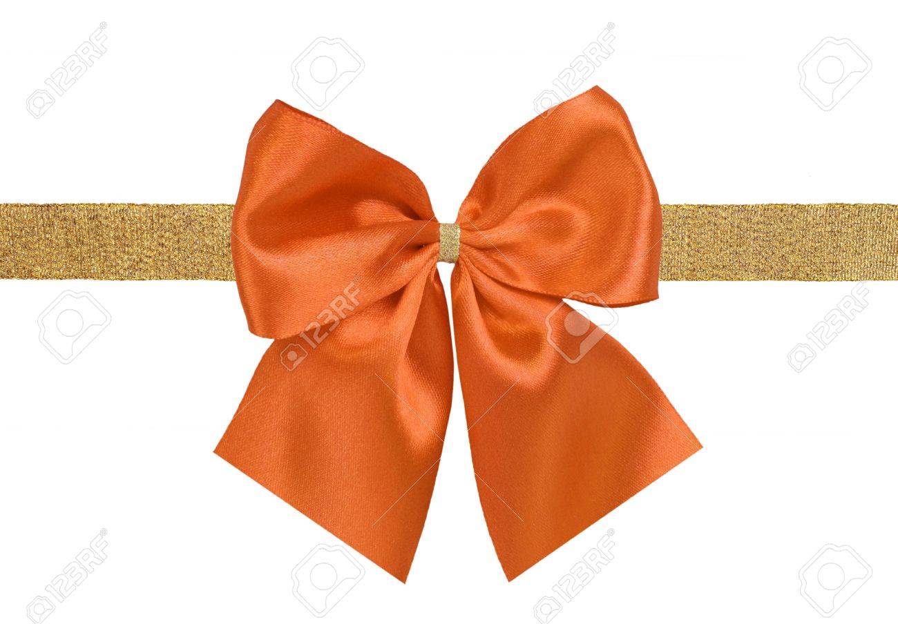 白地にオレンジ色 黄金色のギフト サテン リボン弓 の写真素材 画像素材 Image