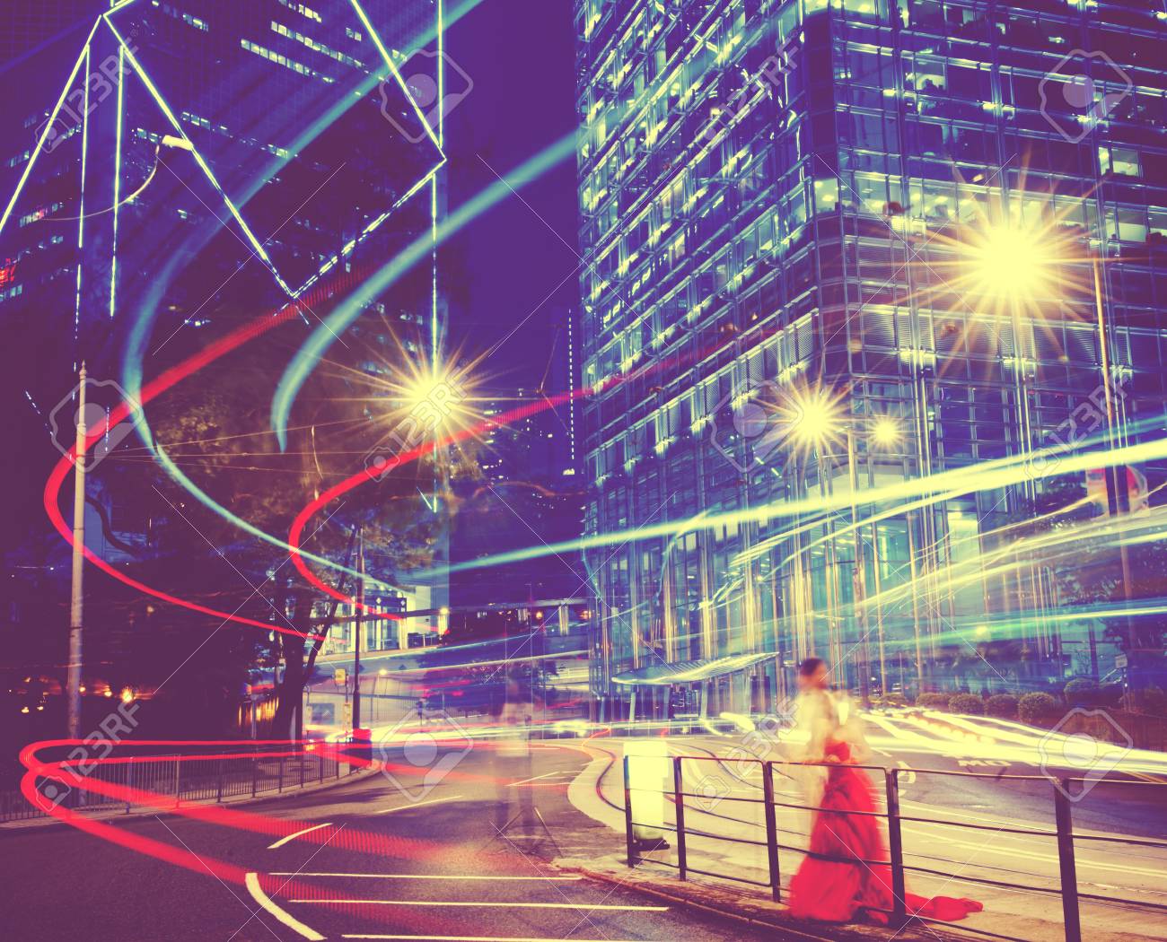 Hong Kong Neon Lights Building Business Disctric Concept Stock ...