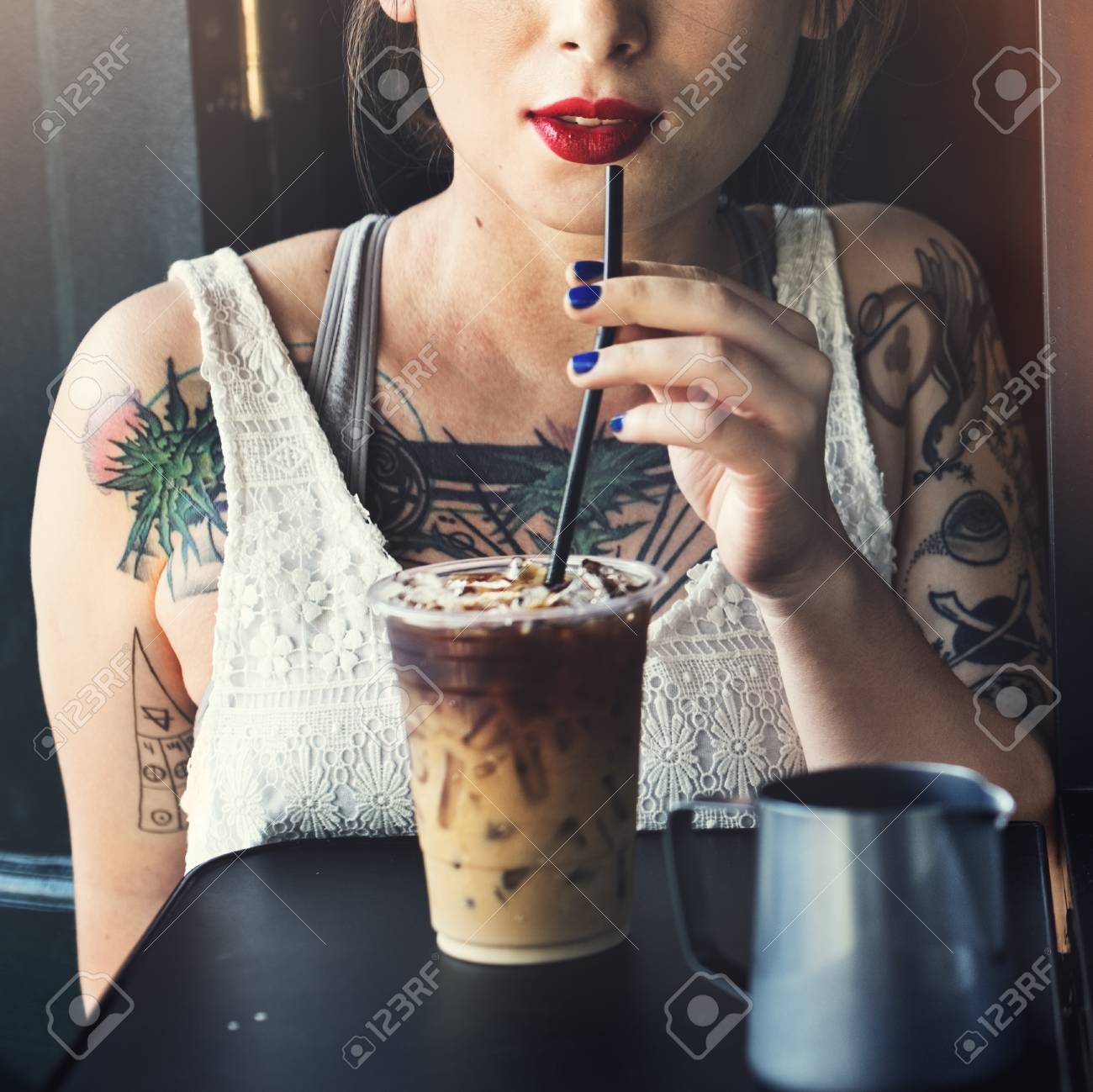 Hipster Woman Drinking Iced Coffee Concept Stock Photo Hipster Woman Drinking Iced Coffee Concept Stock Photo