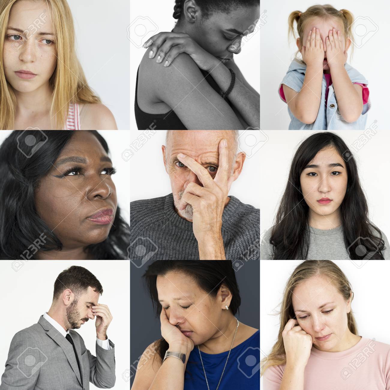 人の顔の表情のコラージュが不幸な心配してください の写真素材 画像素材 Image