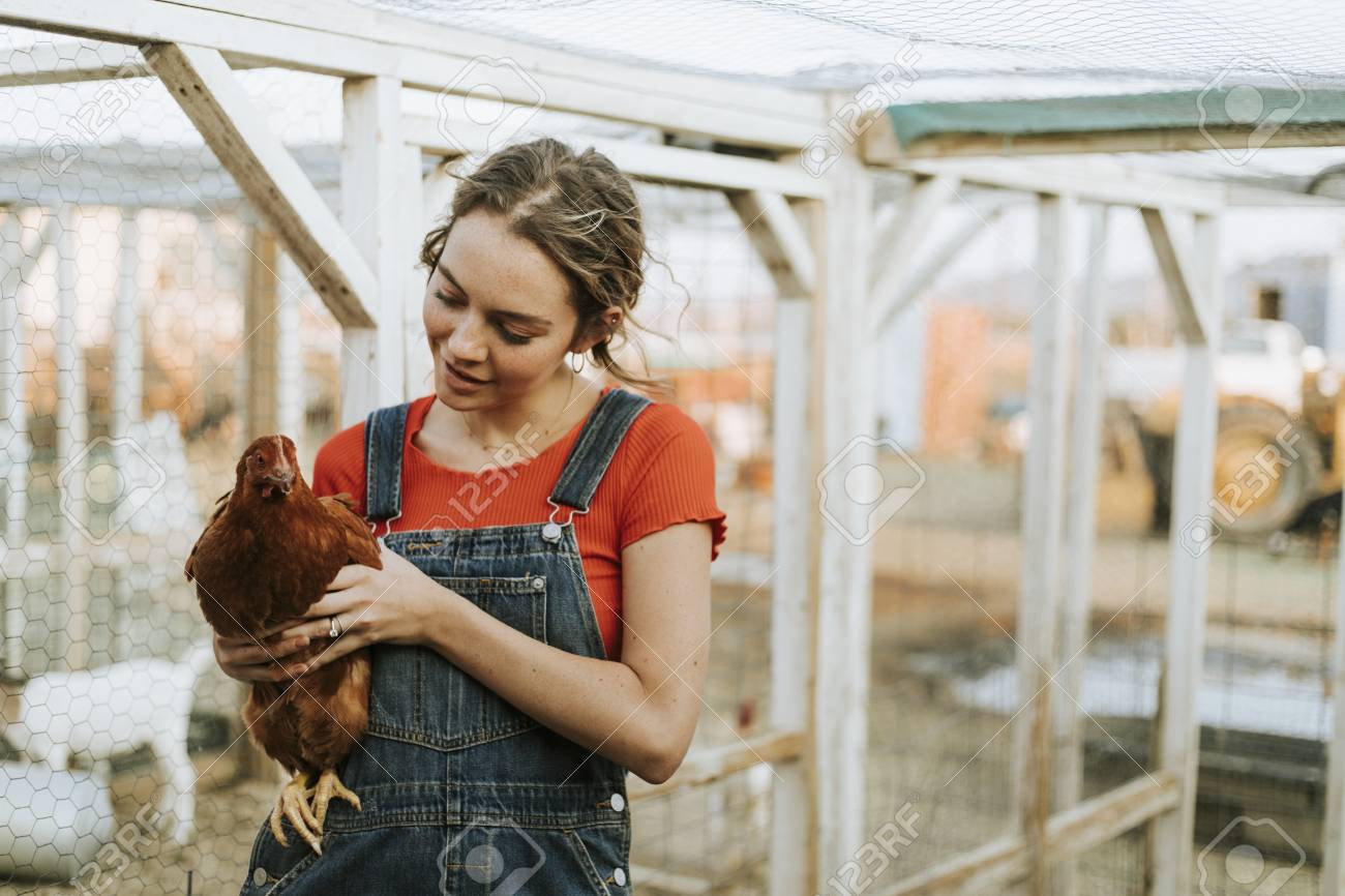 Happy young woman with a brown hen - 112891754 Happy young woman with a brown hen - 112891754