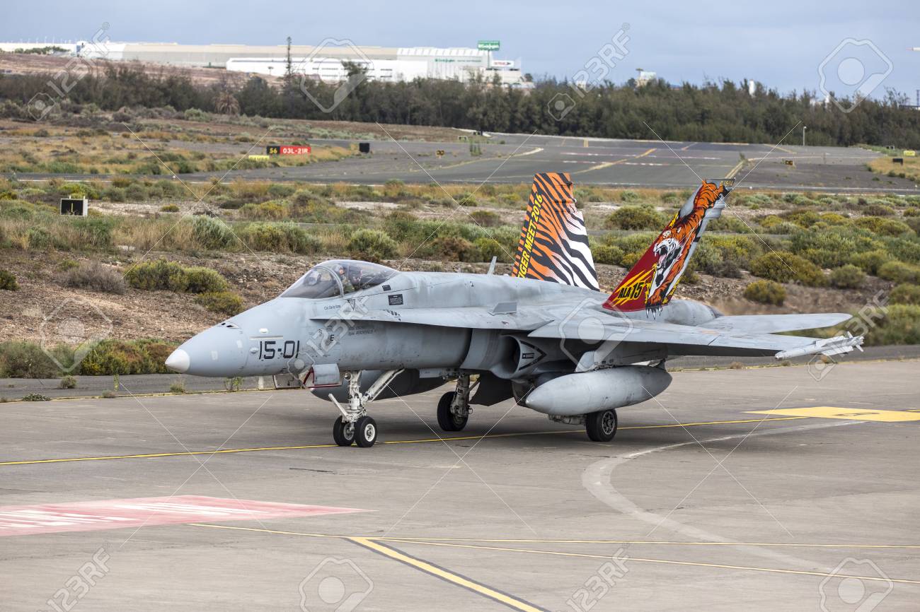 GRAN CANARIA, ESPAÃ‘A - JANUARY 25: Spanish Air Force f18 Typhoon flying during the DACT17 Exercises. January 25, 2017 in Gran Canara, Spain. - 72148896