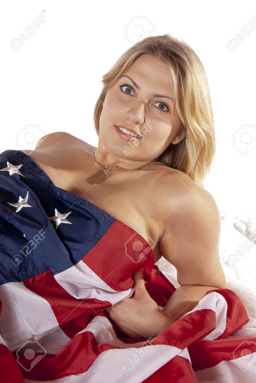 Sexy Young Woman Implied Nude Wrapped American Flag Looking Into The Camera  Seductively Patriotic, For The Holidays Fourth Of July, Labor Day,  Independence Day, New Years Day, Flag Day, Veterans Day Stock