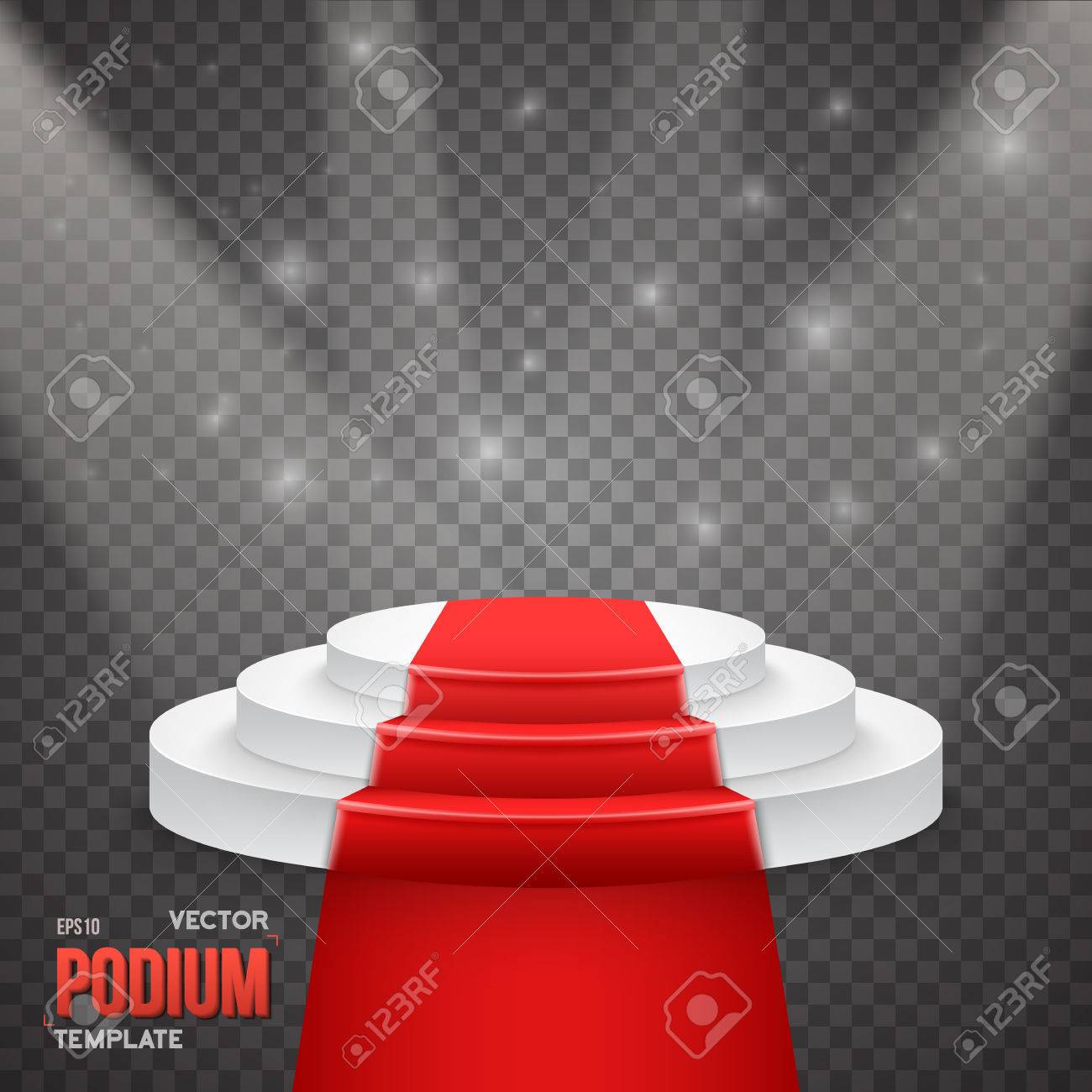 写実的な勝者の表彰台ステージ舞台照明と透明 Ps スタイルの背景に分離されたレッド カーペットのイラストのイラスト素材 ベクタ Image