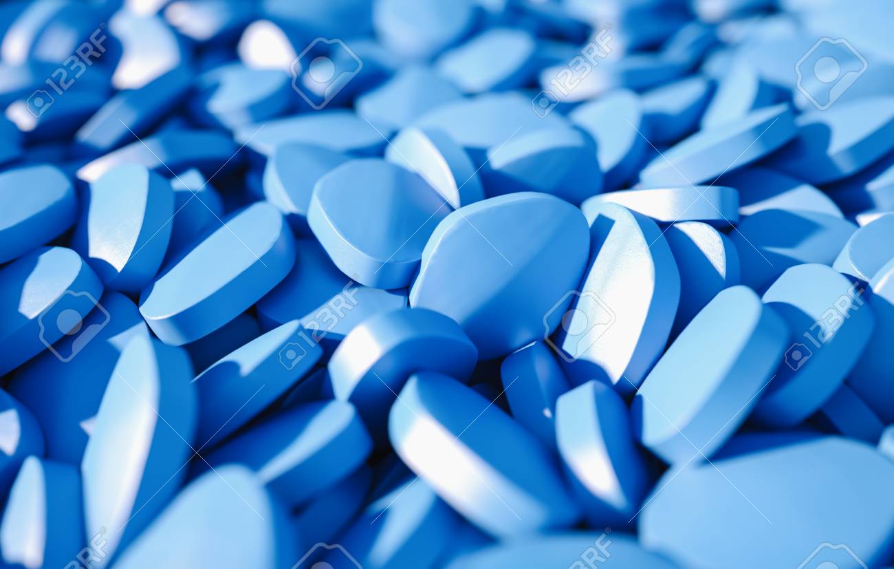 Heap Of Blue Viagra Pills For Erection Dysfunction - 3D Rendering ...