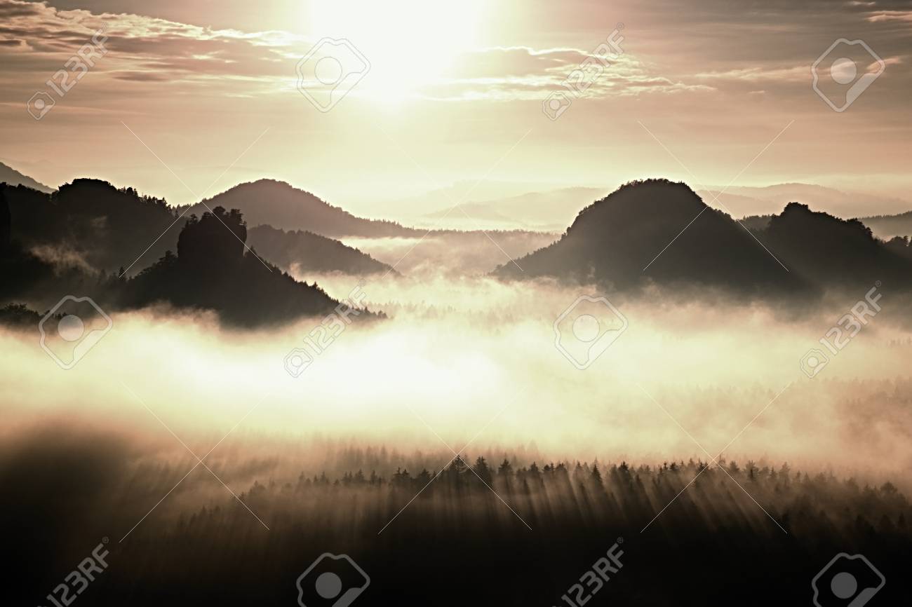 霧の谷に景色とスモーキー山のピークの上の幻想的な夢のような夜明け の写真素材 画像素材 Image