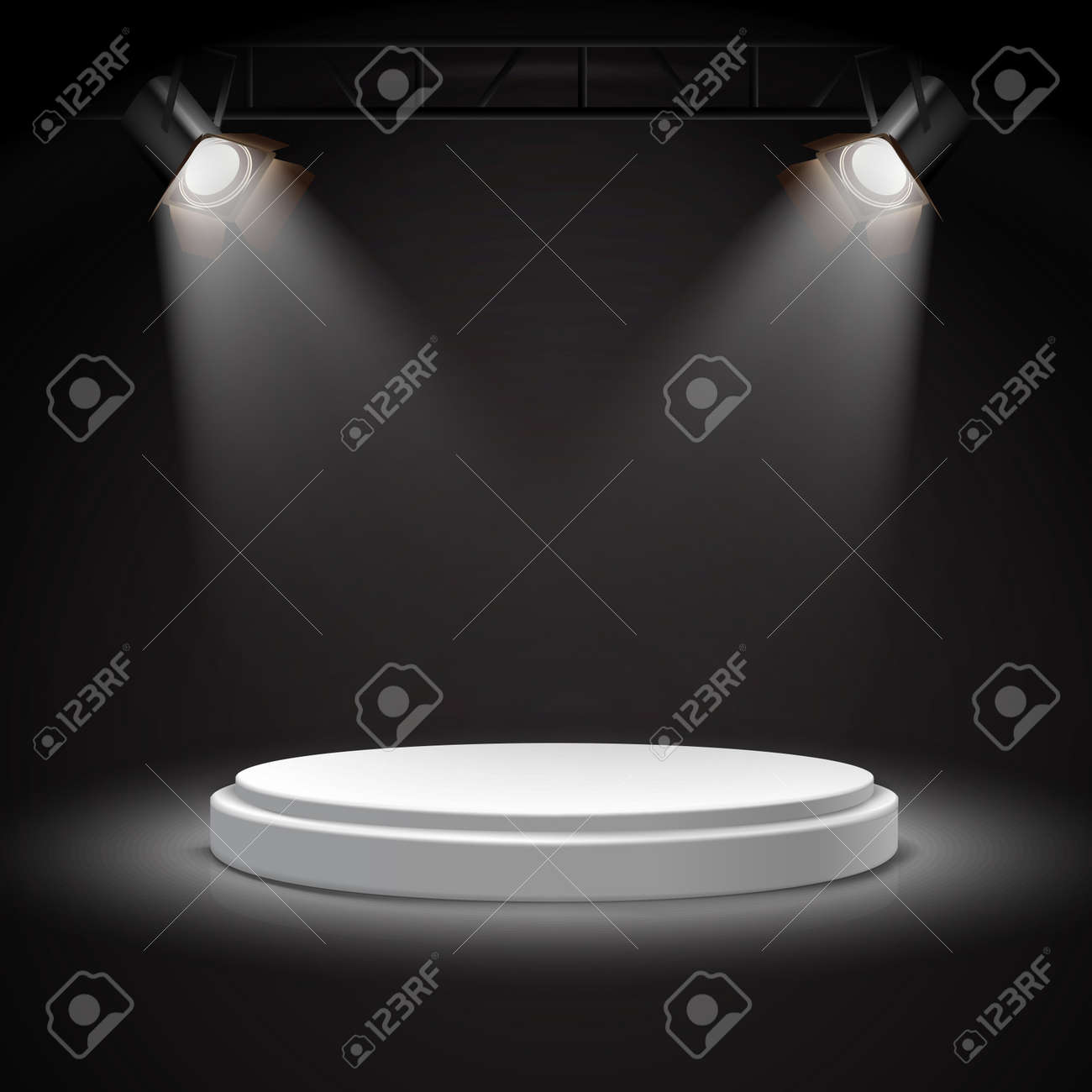 3d realistic vector spot lights on round white podium in the darkness. - 169441069 3d realistic vector spot lights on round white podium in the darkness. - 169441069