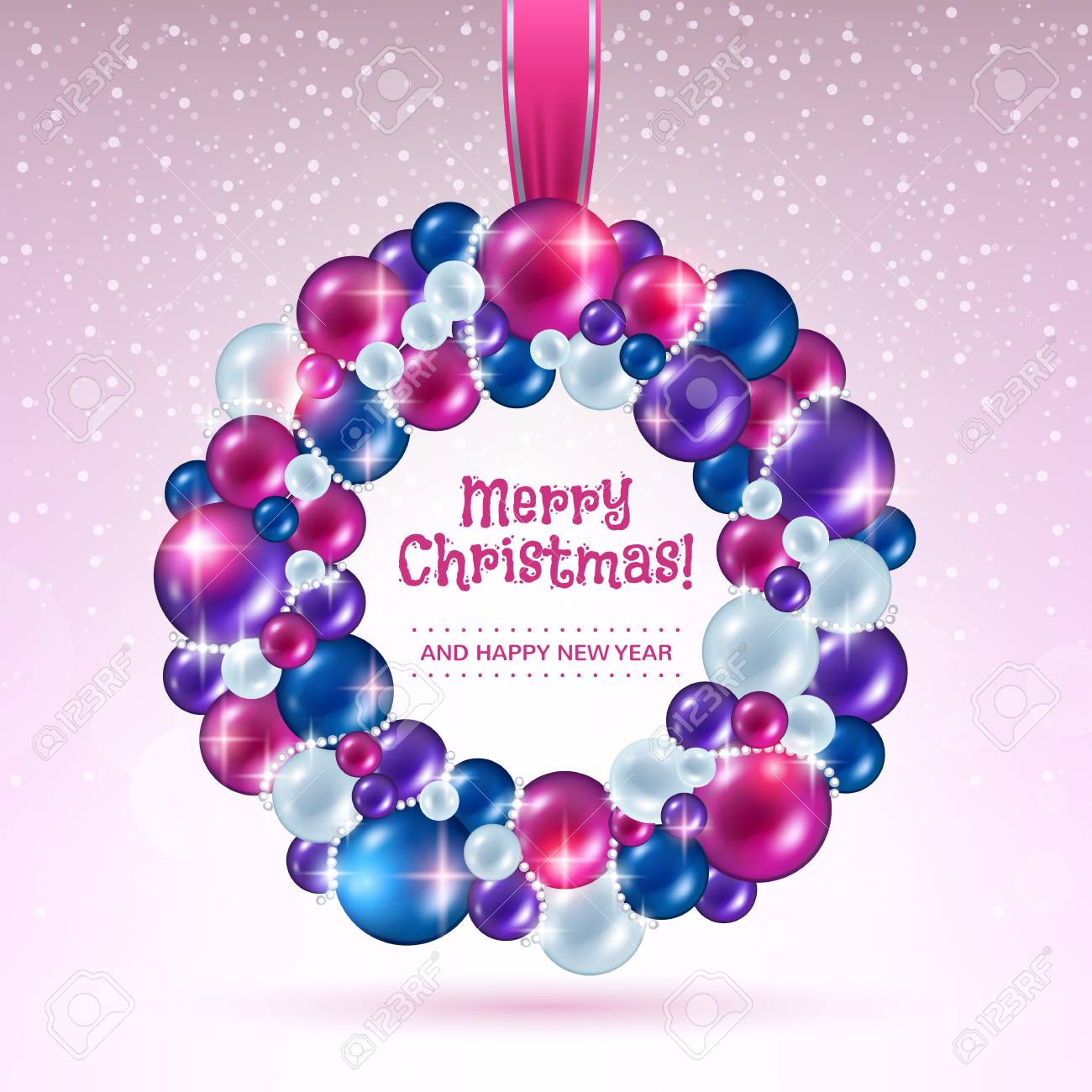 Boules De Noël Rose Violet Bleu Et Blanc Couronne Sur Ruban La Conception De Vacances