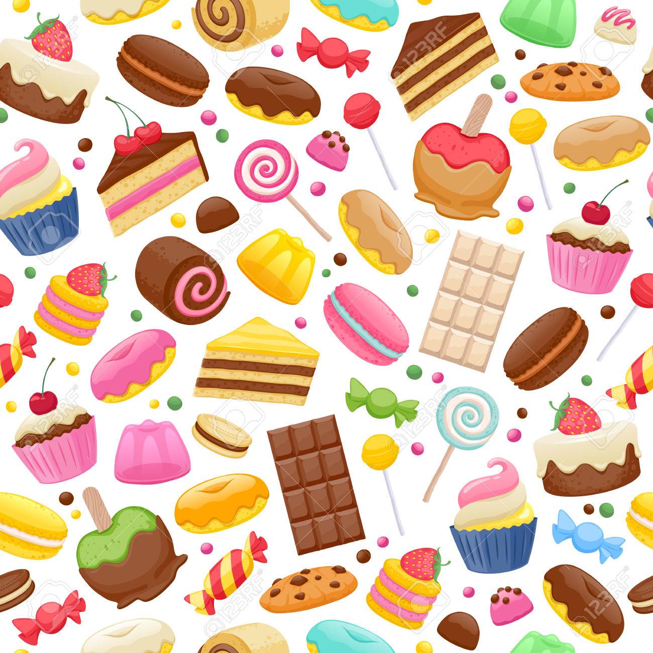 各種お菓子のカラフルなシームレスな背景 ロリポップ ケーキ マカロン チョコレート バー キャンディーとドーナツ パターン のイラスト素材 ベクタ Image