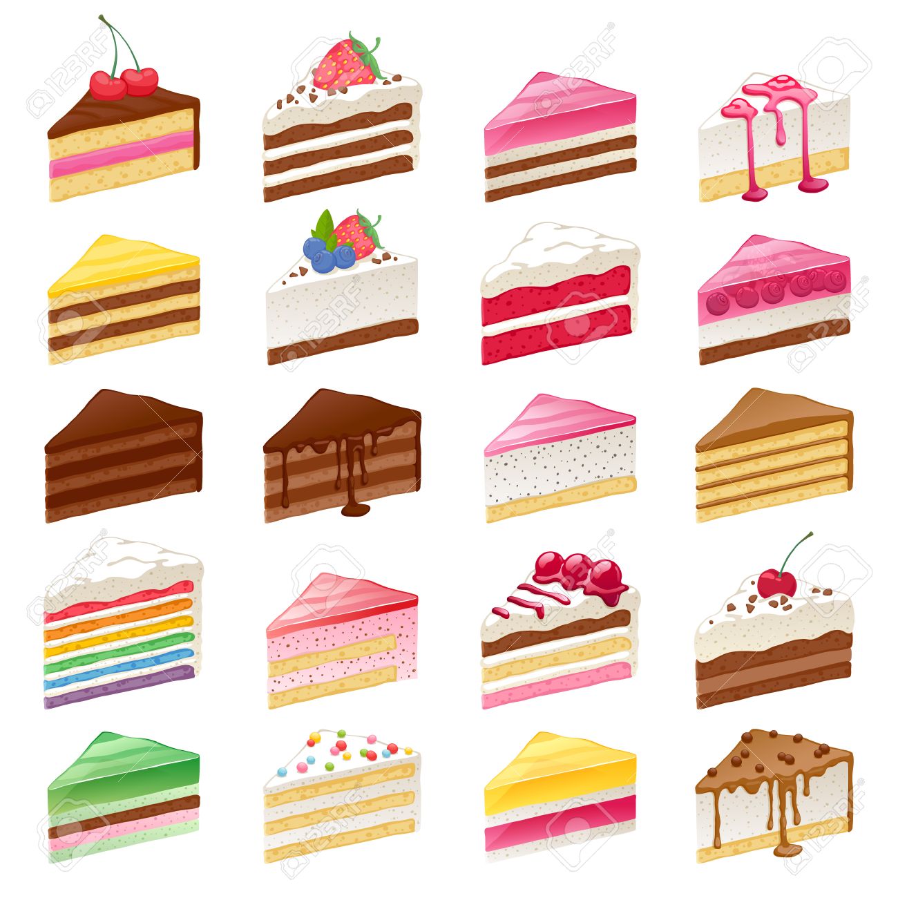 Colorful sweet cakes slices pieces set hand drawn vector illustration.