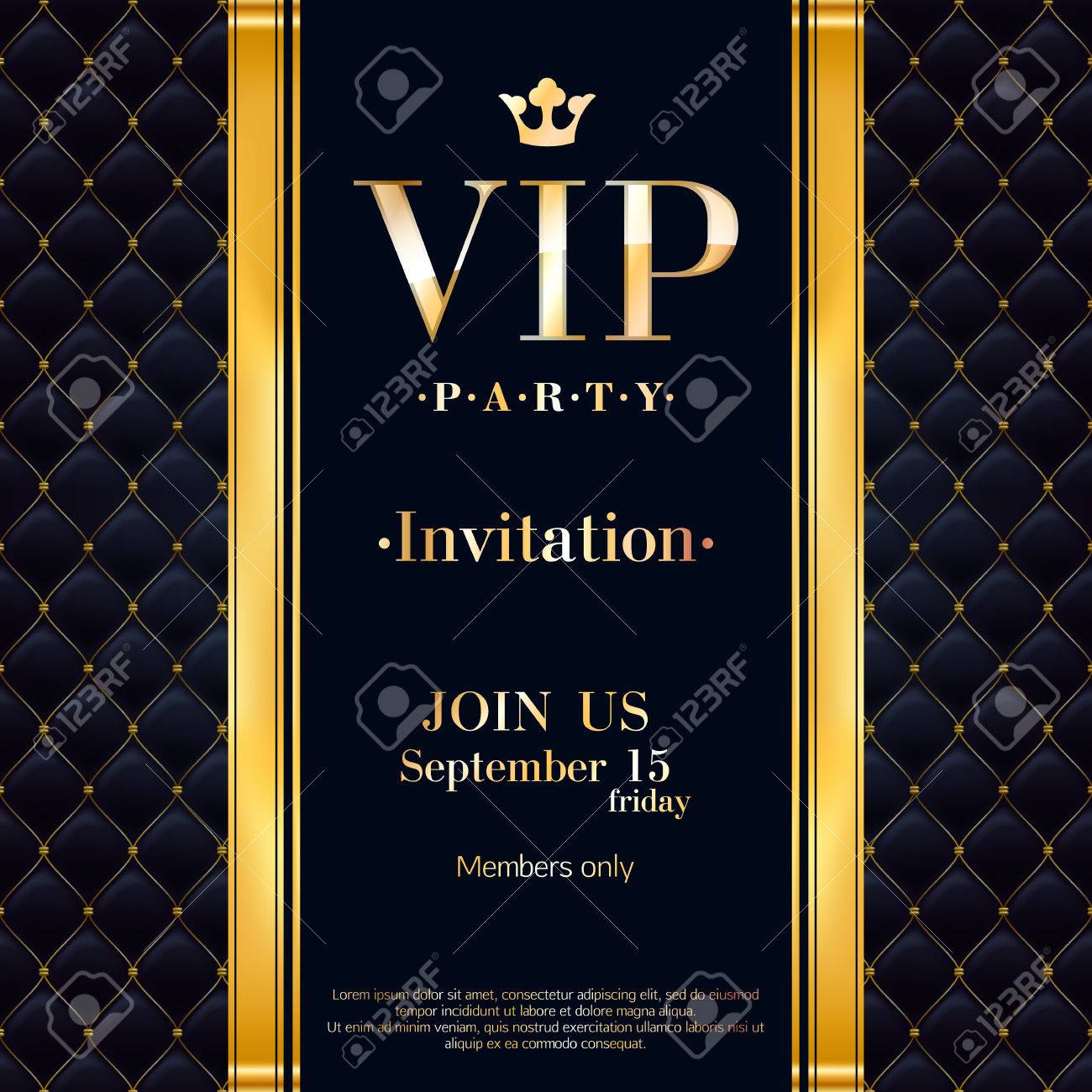 Vip Party Premium Invitation Card Poster Flyer Black And Golden Design Template Quilted Pattern Decorative Background With Gold Ribbon And Metallic Letters Royalty Free Cliparts Vectors And Stock Illustration Image 68712412