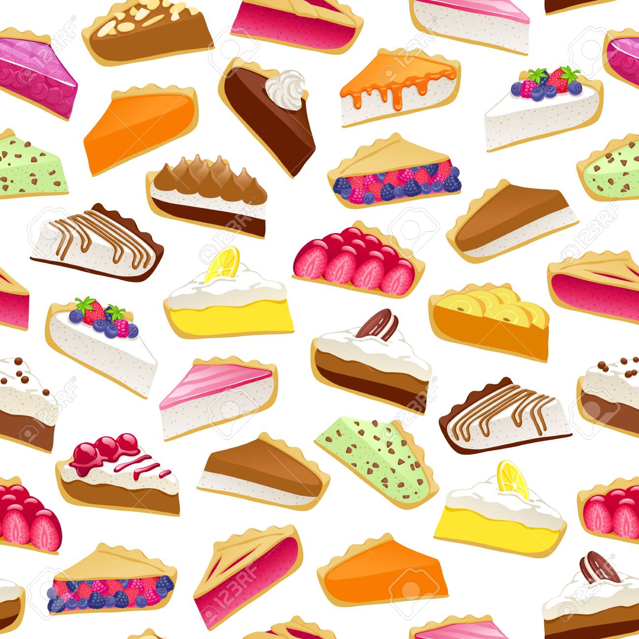 Colorful sweet cakes slices seamless background.