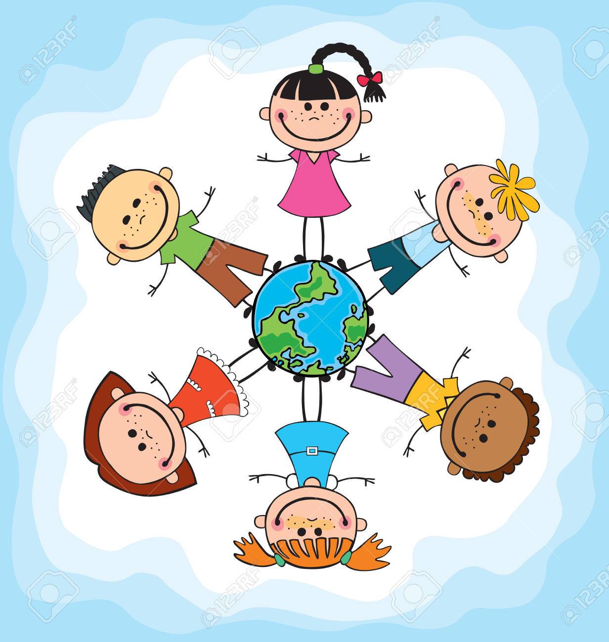 世界中の子供たち 国際親善の日 地球の日 多様な子供たちを保持している手のベクター イラストです のイラスト素材 ベクタ Image