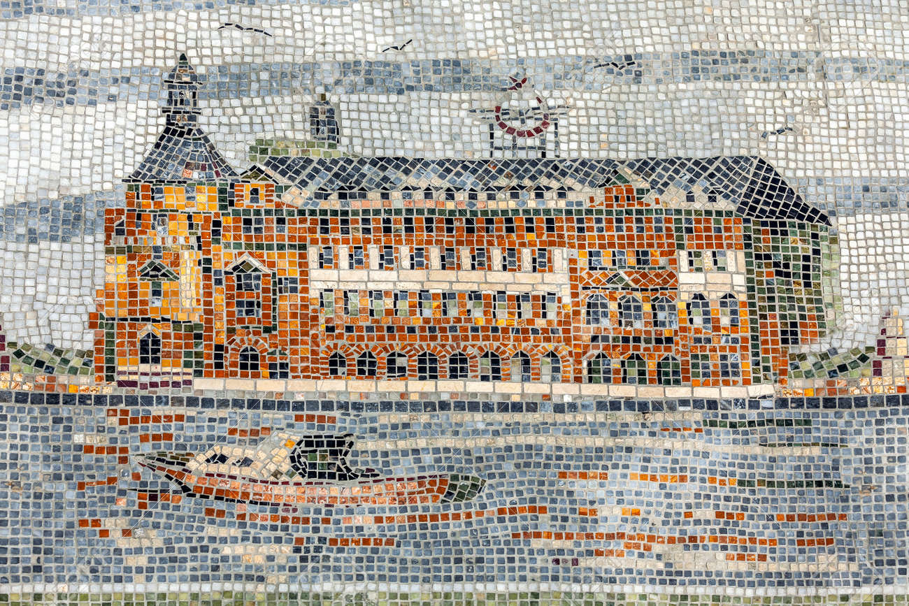 Istanbul, Turkey - 08.14.2012: Detail from the side mosaics of the large fountain pool located in the park between Sultanahmet and Hagia Sophia: Haydarpasa Train Station. Artists: Malik Kaya and Umit Sahin - 163031565 Istanbul, Turkey - 08.14.2012: Detail from the side mosaics of the large fountain pool located in the park between Sultanahmet and Hagia Sophia: Haydarpasa Train Station. Artists: Malik Kaya and Umit Sahin - 163031565