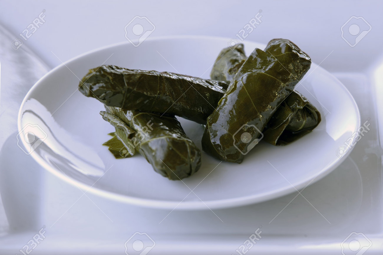 Grape Sarma (Dolma), stuffed grape leaves with rice and meat on white plate, selective focus. - 162314045 Grape Sarma (Dolma), stuffed grape leaves with rice and meat on white plate, selective focus. - 162314045